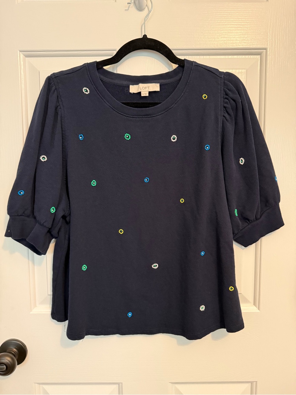 LOFT Navy Puff-Sleeve Embellished Sweatshirt with Multi-Color Beading